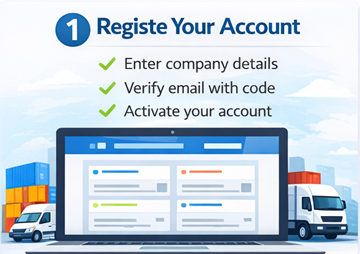 Inscription d’un compte client sur ExusTrans avec coordonnées de l’entreprise et vérification par e-mail