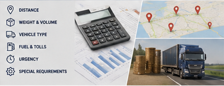 Calcul des prix du transport de fret avec camions, cartes, planification logistique et coûts de marchandise