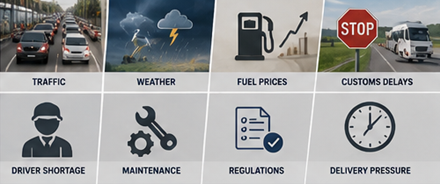 Défis du transport de fret incluant trafic, météo, retards et planification logistique
