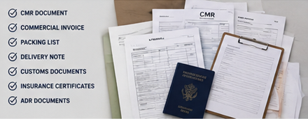 Documents de transport de fret incluant CMR, facture, documents d’expédition et paperasse logistique