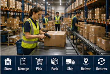 Opérateurs d’entrepôt traitant des opérations de logistique de fulfillment et des commandes en ligne
