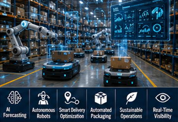 Entrepôt de fulfillment du futur avec robots, automatisation par IA et systèmes logistiques intelligents