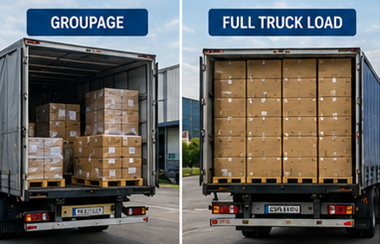 Comparaison entre expédition en groupage et transport en camion complet avec camions logistiques et fret palettisé