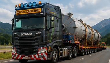 Tracteur routier grande puissance tractant une remorque de charge hors gabarit sur autoroute