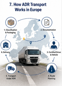 Processus logistique ADR européen avec itinéraire de transport de marchandises dangereuses et procédures de conformité