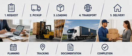Processus de transport de fret de l’enlèvement à la livraison avec opérations logistiques et manutention des marchandises
