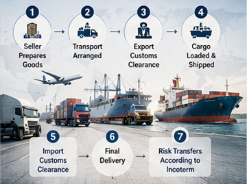 Processus d’expédition internationale avec camions, ports, douanes et opérations de livraison en Europe