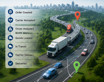 Processus moderne de suivi logistique montrant le suivi GPS des camions, des systèmes numériques de transport et des mises à jour d’expédition