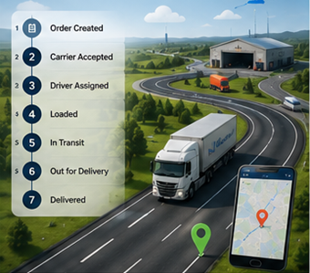 Processus logistique numérique montrant le suivi des expéditions, les itinéraires GPS et les mises à jour du statut de transport