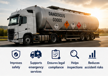 Camion de marchandises dangereuses avec étiquettes ADR améliorant la sécurité du transport et la réponse d’urgence