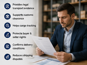 Responsable logistique examinant des documents de connaissement pour un transport international de marchandises