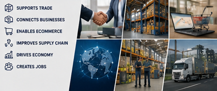 Chaîne d’approvisionnement logistique européenne avec entrepôts, camions et opérations de distribution