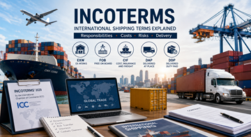Transport international de fret avec conteneurs, camions, navires et professionnels de la logistique expliquant les Incoterms pour le commerce mondial