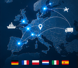 Suivi du transport international à travers des pays européens avec des itinéraires logistiques et des opérations douanières