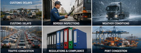 Défis du transport international incluant retards en douane, météo, trafic, ports et opérations logistiques de fret