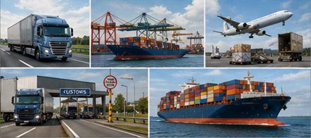 Transport international de marchandises avec camions aux passages frontaliers, navires de charge, douanes et opérations logistiques mondiales
