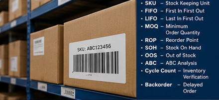 Gestion des stocks en entrepôt avec étiquettes codes-barres, rayonnages de stockage et systèmes de suivi logistique