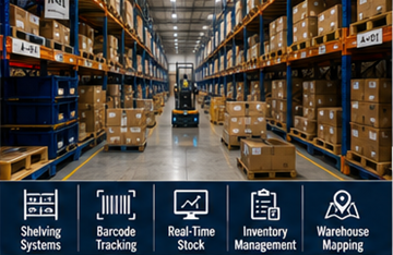Grand centre de fulfillment stockant des produits e-commerce sur des rayonnages d’entrepôt
