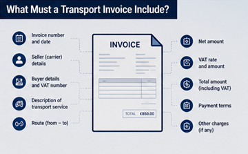 Champs d’un document de facture comprenant les informations de l’entreprise, le numéro de TVA, les coûts de transport et les informations d’expédition