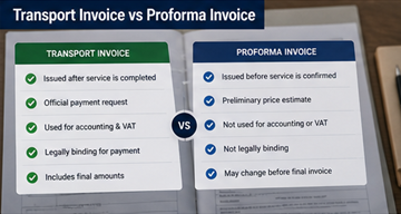 Comparaison entre des documents de facture de transport et de facture pro forma montrant les différences d’usage