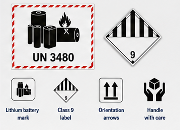Étiquettes d’avertissement pour batteries au lithium et marquages ADR Classe 9 pour marchandises dangereuses