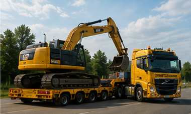 Remorque surbaissée transportant des engins de chantier et une charge hors gabarit