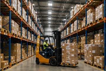 Grand entrepôt logistique avec rayonnages, chariots élévateurs et palettes