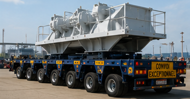 Remorque de convoi lourd multi-essieux transportant des équipements industriels hors gabarit