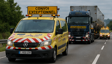 Véhicules d’escorte accompagnant un convoi de transport hors gabarit sur une autoroute européenne