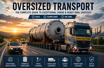 Convoi de transport hors gabarit transportant une cargaison exceptionnelle sur une autoroute européenne au coucher du soleil