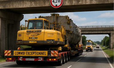 Camion de transport lourd transportant une charge hors gabarit dépassant les dimensions routières standard