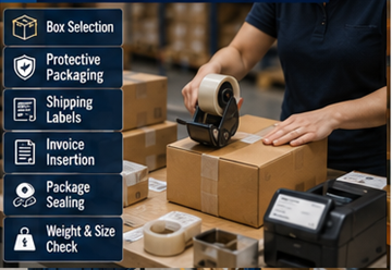 Opérateurs d’entrepôt emballant des commandes en ligne avec des cartons, des étiquettes et des matériaux de protection
