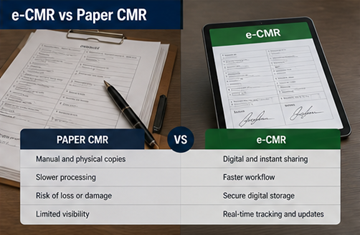 Comparaison entre un document CMR papier et un e-CMR sur tablette, illustrant la transformation moderne de la logistique
