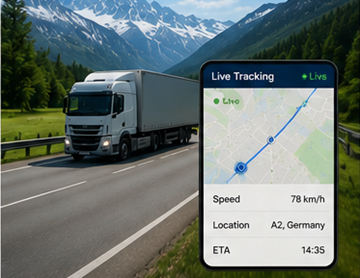 Camion avec système de suivi d’itinéraire GPS sur autoroute européenne pendant une opération de transport