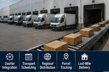 Camions de livraison chargeant des expéditions depuis un entrepôt de fulfillment