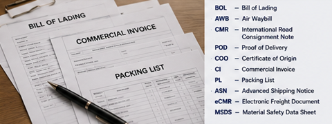 Documents d’expédition de fret, factures, connaissements et abréviations logistiques internationales pour les opérations import-export