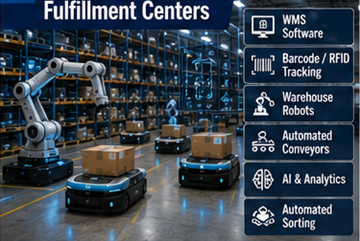 Centre de fulfillment automatisé utilisant la robotique, des logiciels d’entrepôt et des systèmes logistiques d’IA