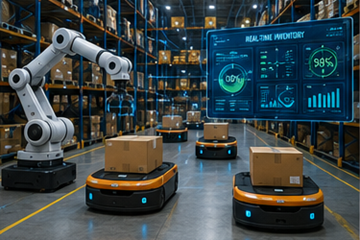 Entrepôt intelligent avec robotique, automatisation et systèmes numériques de gestion des stocks