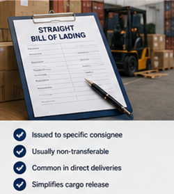 Document Straight Bill of Lading utilisé pour une livraison directe de marchandises