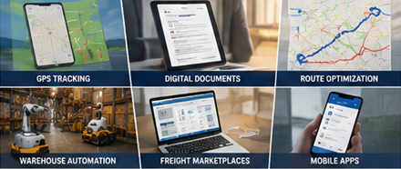Technologie moderne du transport de fret avec suivi GPS, logiciel logistique et systèmes de livraison numériques