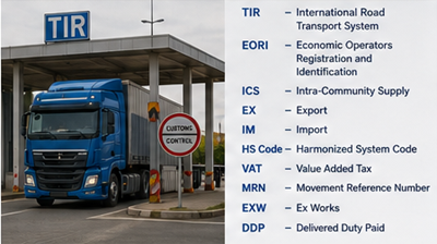 Camion de fret international utilisant le système de transit douanier TIR à un poste-frontière européen
