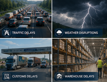 Défis du transport logistique incluant les retards, le trafic, la météo et des problèmes de visibilité des expéditions