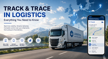 Système moderne de track and trace en logistique affichant la visibilité des expéditions de camions, le suivi GPS et la supervision des livraisons en temps réel à travers l’Europe