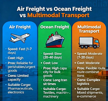 Comparaison du transport routier, aérien et maritime montrant les différences logistiques entre camion, avion et navire