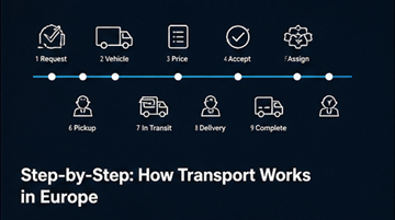 Processus logistique étape par étape : workflow transport, enlèvement, livraison, suivi, planification d’itinéraire chauffeur en Europe