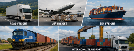 Modes de transport incluant camions, avions-cargo, navires porte-conteneurs et logistique ferroviaire de fret