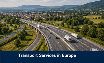 Réseau de transport européen avec camions, autoroutes et connexions logistiques transfrontalières
