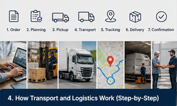 Processus de transport étape par étape, de l’enlèvement à la livraison, flux de travail logistique