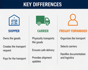 Schéma comparant les rôles de l’expéditeur, du transporteur et du commissionnaire de transport dans la chaîne logistique