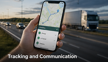 Suivi GPS transport par camion en temps réel, plateforme logistique, communication chauffeur client
